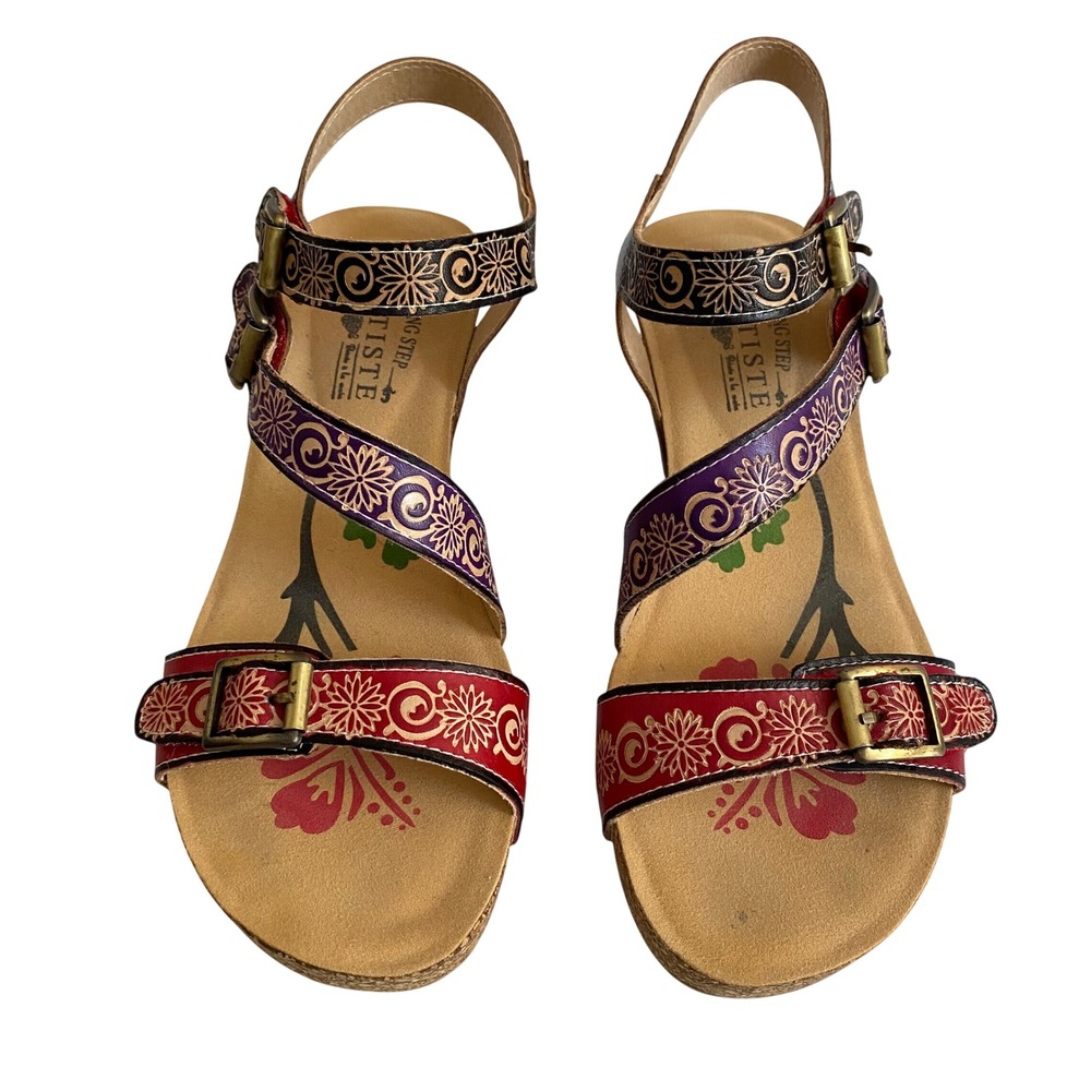 Spring Step L'Artiste Tanja Red Multi Floral Leather Wedge Sandals Womens 39